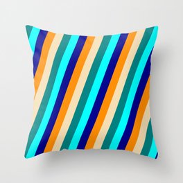 [ Thumbnail: Eyecatching Dark Orange, Tan, Teal, Aqua & Dark Blue Colored Stripes Pattern Throw Pillow ]