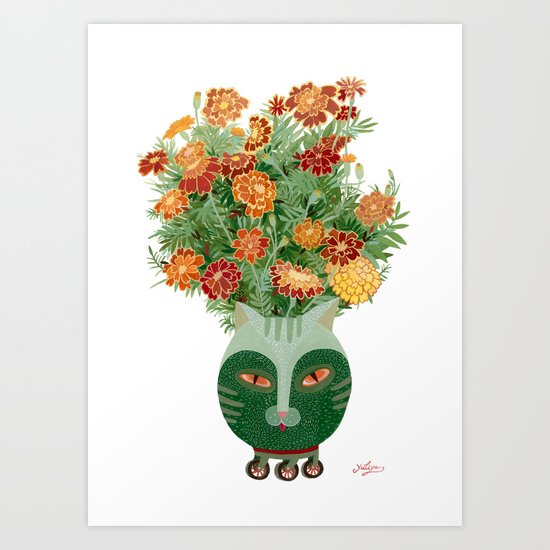 Marigolds in cat face vase Art Print