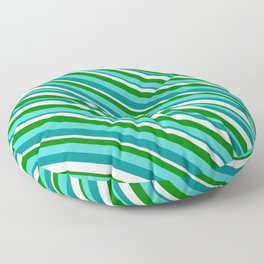 [ Thumbnail: Turquoise, Dark Cyan, Mint Cream, and Green Colored Lined Pattern Floor Pillow ]