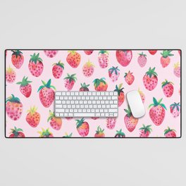 Strawberries Watercolor fruits pattern Cotton candy Pink Desk Mat