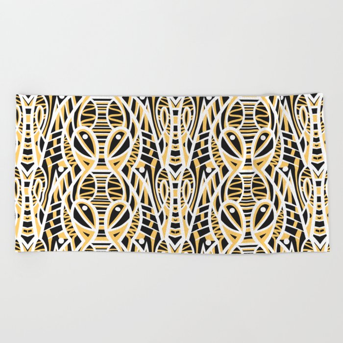 Charcoal White and Yellow Abstract Tribal Pattern Beach Towel