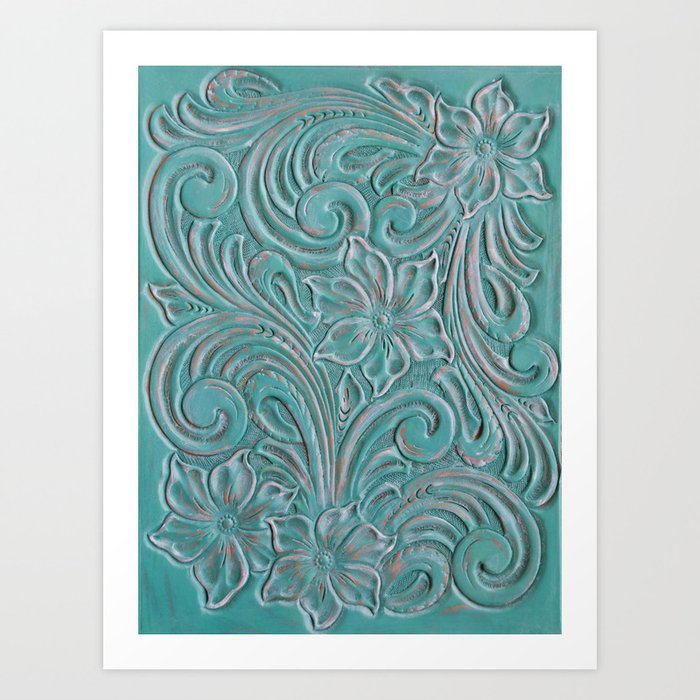 Turquoise western tooled leather Art Print