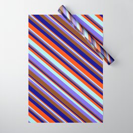 [ Thumbnail: Red, Turquoise, Medium Slate Blue, Brown & Dark Blue Colored Striped/Lined Pattern Wrapping Paper ]