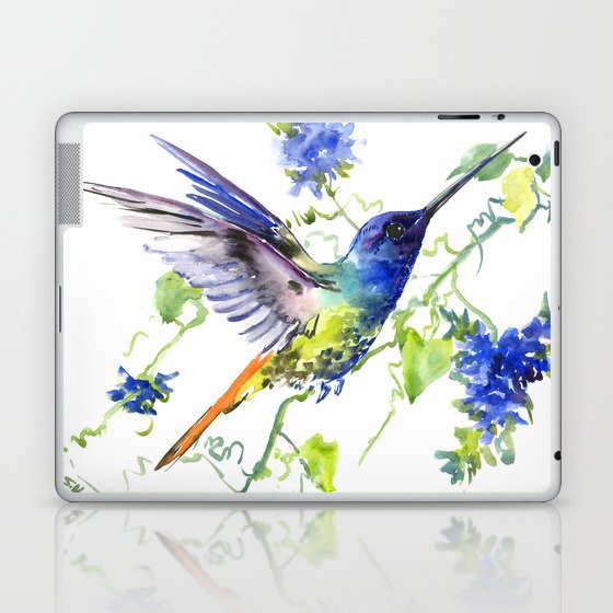 Hummingbird and Deep Blue Flowers, flying bird flowers design birds and flowers Laptop & iPad Skin