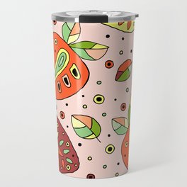 Seamless hand drawn childish pattern with fruits. Cute childlike strawberries with leaves Travel Mug