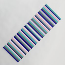 [ Thumbnail: Eye-catching Dark Blue, Dim Gray, Turquoise, Pink, and White Colored Lined/Striped Pattern Yoga Mat ]