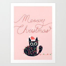 Meowy Christmas Cat - Pink Art Print