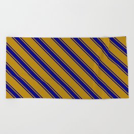 [ Thumbnail: Dark Goldenrod & Blue Colored Stripes Pattern Beach Towel ]