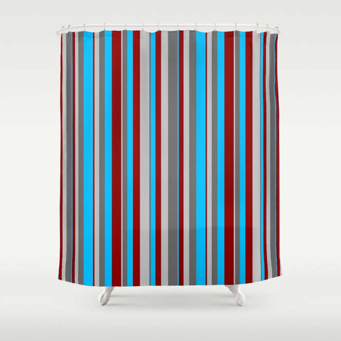 Grey, Dim Grey, Deep Sky Blue & Dark Red Colored Stripes Pattern Shower Curtain