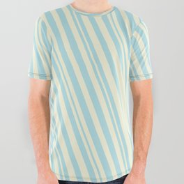 [ Thumbnail: Beige & Powder Blue Colored Lined/Striped Pattern All Over Graphic Tee ]