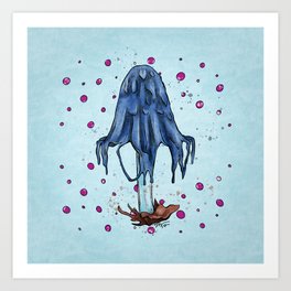 Blue inky cap mushroom, goth cartoon fungus Art Print
