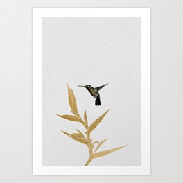 Hummingbird & Flower II Art Print | Artnoveau, Acrylic, Flying, Goldfoil, Foil, Vintage, Minimalism, Animal, Gold, Painting 