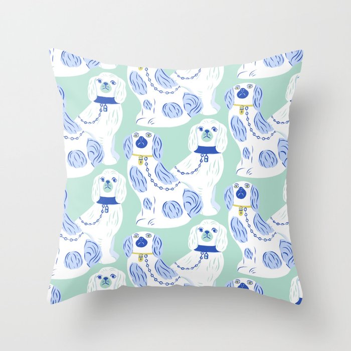 Staffordshire Dogs in Teal and Blue Throw Pillow