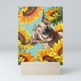 Highland Cow with Sunflowers in Blue Mini Art Print