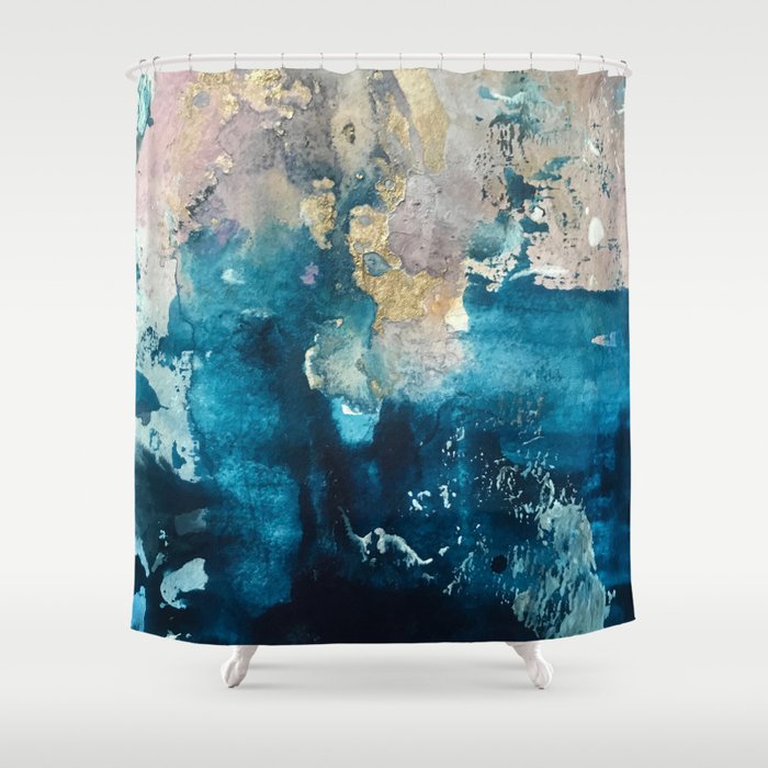 Timeless: A gorgeous, abstract mixed media piece in blue, pink, and gold by Alyssa Hamilton Art Shower Curtain