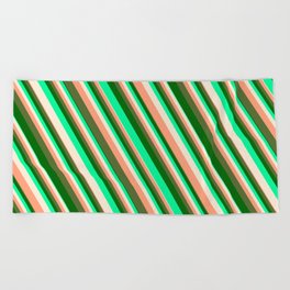 [ Thumbnail: Vibrant Green, Beige, Light Salmon, Dark Olive Green & Dark Green Colored Striped/Lined Pattern Beach Towel ]