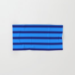 [ Thumbnail: Blue and Midnight Blue Colored Lined/Striped Pattern Hand & Bath Towel ]