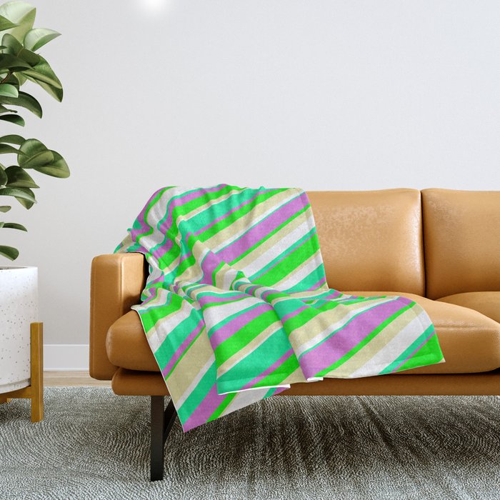 Vibrant Green, Orchid, Lime, Pale Goldenrod, and White Colored Pattern of Stripes Throw Blanket