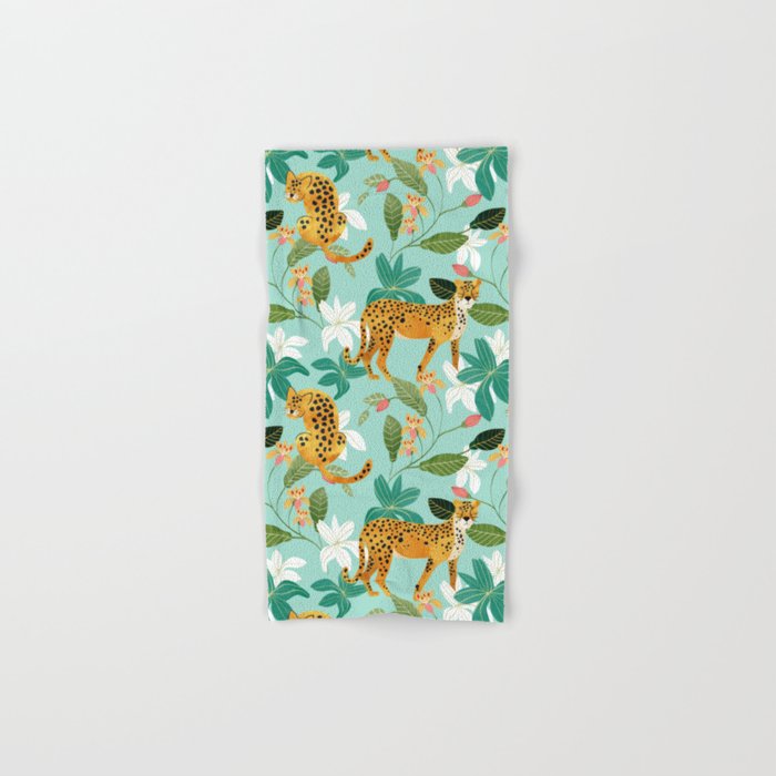 Cheetah Jungle, Wildlife Nature Wild Cats Tigers Leopard Botanical Animals Mint Quirky Illustration Hand & Bath Towel