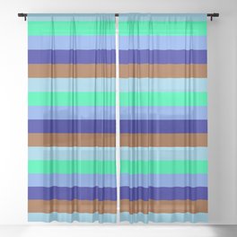 [ Thumbnail: Eyecatching Sky Blue, Green, Cornflower Blue, Dark Blue & Brown Colored Stripes/Lines Pattern Sheer Curtain ]