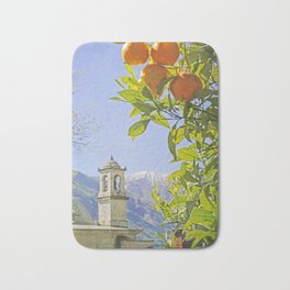 Oranges, Blue Sky, and Mountains in Northern Italy Bath Mat | Italianlandscape, Greenery, Orangetreeart, Color, Pantone2017, Oranges, Italy, Green, Bluesky, Italianlandscapeart 