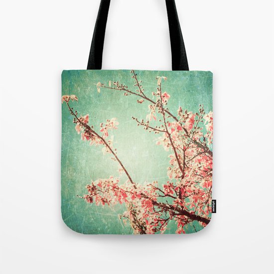 Pink Autumn Leafs on Blue Textured Sky (Vintage Nature Photography) Tote Bag