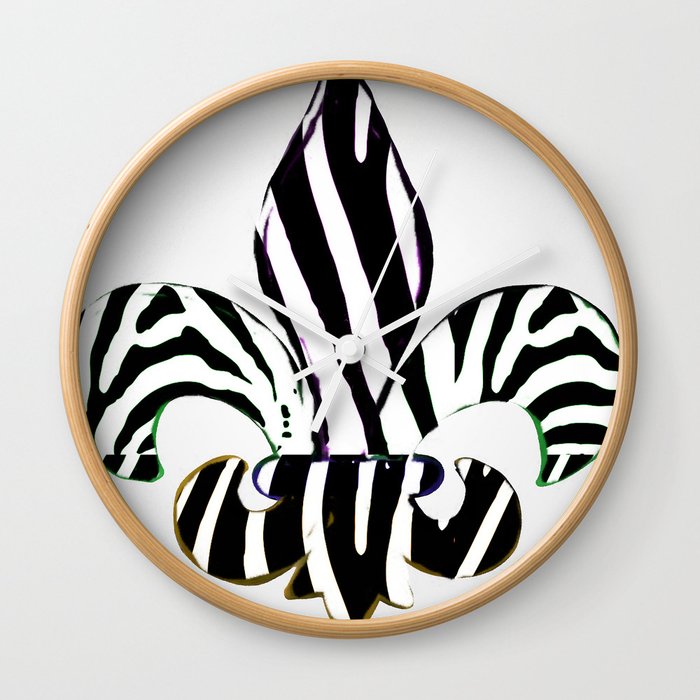 Black and White Zebra Stripe Fleur De Lis Wall Clock