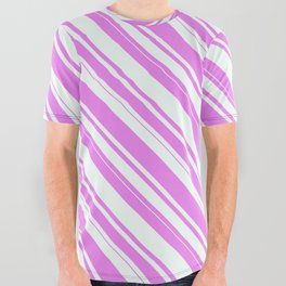 [ Thumbnail: Violet & Mint Cream Colored Striped/Lined Pattern All Over Graphic Tee ]