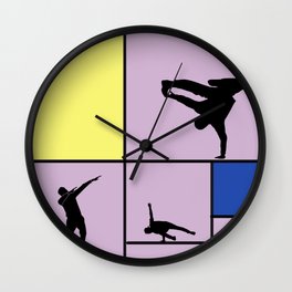Street dancing like Piet Mondrian - Yellow, and Blue on the violet background Wall Clock