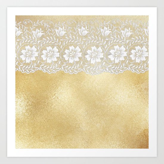 Bridal lace - White floral elegant lace on gold metal backround Art Print