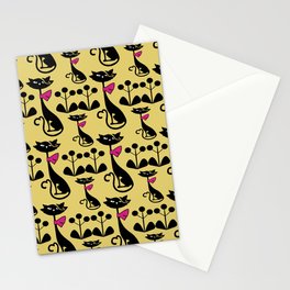 Mid century Atomic Black Cat Pattern in  Yellow Background Stationery Card