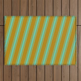 [ Thumbnail: Dark Goldenrod & Aquamarine Colored Striped/Lined Pattern Outdoor Rug ]