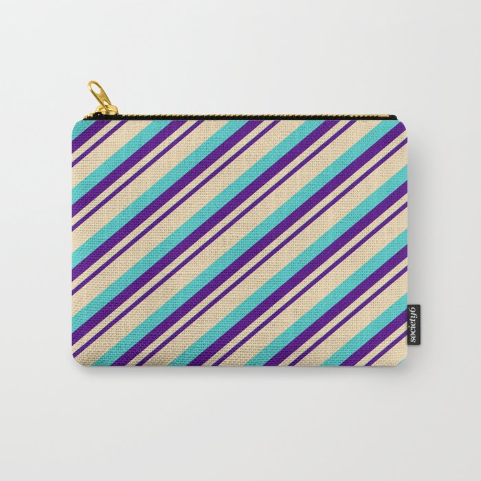 Indigo, Tan, and Turquoise Colored Striped/Lined Pattern Carry-All Pouch