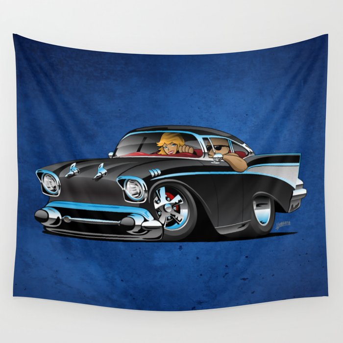 Classic Hot Rod Fifties Muscle Car With Cool Couple Cartoon Wall Tapestry By Hobrath