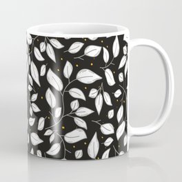 Moody black and white leaves pattern with yellow dots Mug