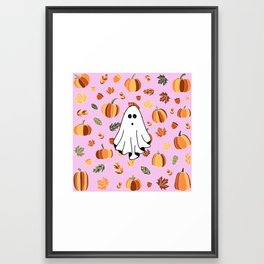 Ghost, pumpkins and leafs Framed Art Print