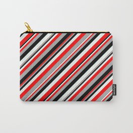 [ Thumbnail: Red, Dark Grey, Black, and Mint Cream Colored Lined Pattern Carry-All Pouch ]