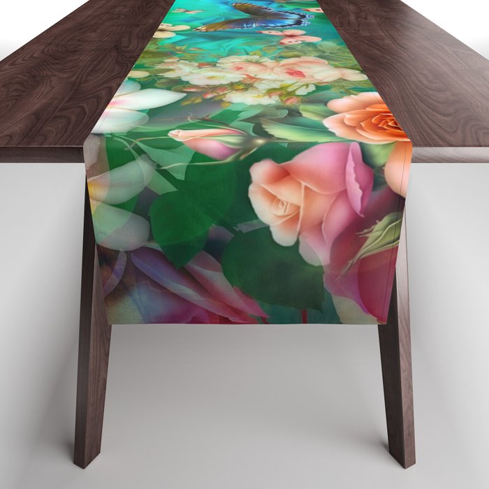 Butterfly in colorful floral garden bohemian fantasy Table Runner