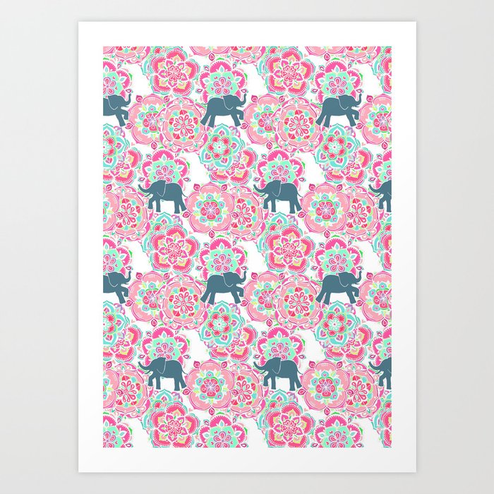 Tiny Elephants in Fields of Flowers Art Print