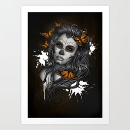 Sugar Skull Tattoo Girl with Butterflies Art Print