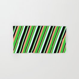 [ Thumbnail: Light Salmon, Lime Green, Light Cyan, and Black Colored Lines/Stripes Pattern Hand & Bath Towel ]