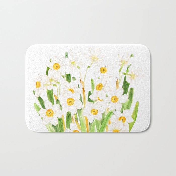 white narcissus  flowers watercolor 2022 Bath Mat