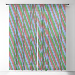 [ Thumbnail: Cornflower Blue, Green & Red Colored Stripes Pattern Sheer Curtain ]