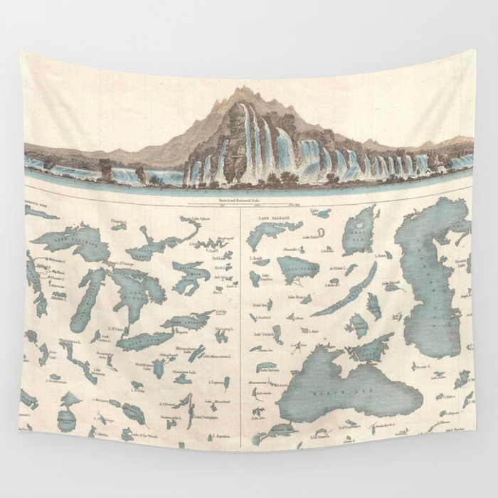 Vintage Lakes of The World Map (1860) Wall Tapestry by BravuraMedia 