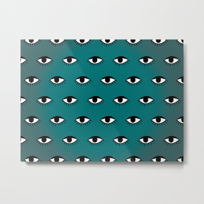 Black & White Eye Pattern on Teal Ombre Background Metal Print
