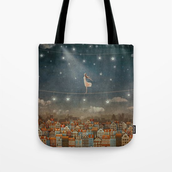 Illustration of cute houses and pretty girl in night sky Tote Bag