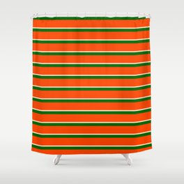 [ Thumbnail: Red, Bisque, and Dark Green Colored Lines/Stripes Pattern Shower Curtain ]