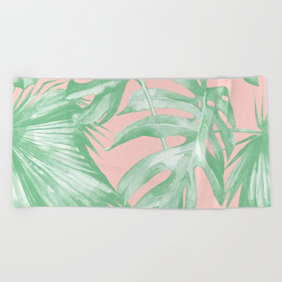 Island Love Seashell Pink Coral + Green Beach Towel
