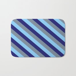 [ Thumbnail: Midnight Blue, Light Slate Gray & Light Sky Blue Colored Striped Pattern Bath Mat ]
