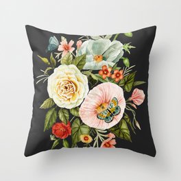 Wildflower and Butterflies Bouquet on Charcoal Black Throw Pillow